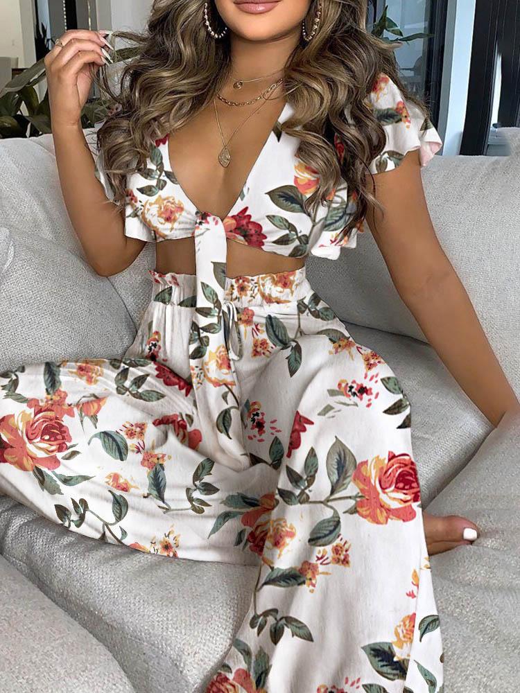 Floral Print Ruffles Knotted Front Top & High Waisted Pants Set - Two-piece Outfits - INS | Online Fashion Free Shipping Clothing, Dresses, Tops, Shoes - 05/05/2021 - Color_Multicolor - SET210505041