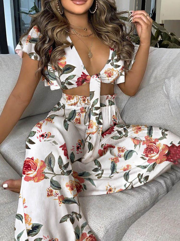 Floral Print Ruffles Knotted Front Top & High Waisted Pants Set - Two-piece Outfits - INS | Online Fashion Free Shipping Clothing, Dresses, Tops, Shoes - 05/05/2021 - Color_Multicolor - SET210505041