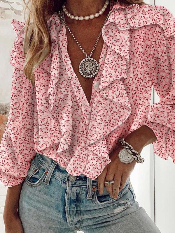 Floral Print Ruffles Long Sleeve Top - Blouses - INS | Online Fashion Free Shipping Clothing, Dresses, Tops, Shoes - 28/04/2021 - BLO210428056 - Blouses