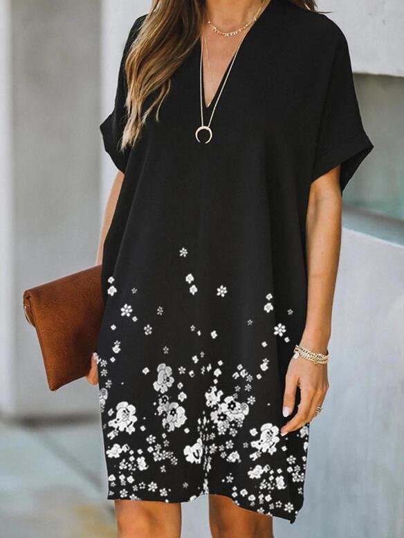 Floral Print Short Sleeve Casual Dress - Midi Dresses - INS | Online Fashion Free Shipping Clothing, Dresses, Tops, Shoes - 11/06/2021 - Category_Midi Dresses - Color_Black