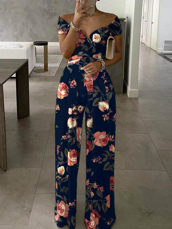 Floral Print Short Sleeve Wide Leg Jumpsuit - Jumpsuits & Rompers - INS | Online Fashion Free Shipping Clothing, Dresses, Tops, Shoes - 29/04/2021 - Color_Purplish Blue - Color_Red