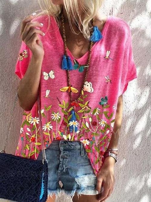 Floral Print Short-sleeved Loose V-neck Top - T-shirts - INS | Online Fashion Free Shipping Clothing, Dresses, Tops, Shoes - 10-20 - 26/07/2021 - color-blue