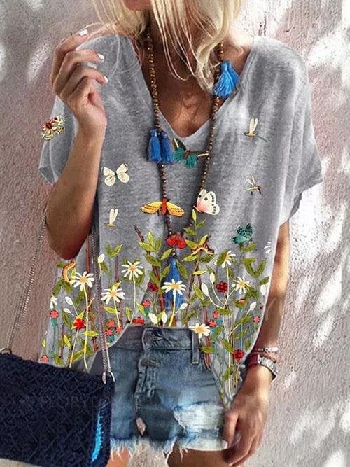 Floral Print Short-sleeved Loose V-neck Top - T-shirts - INS | Online Fashion Free Shipping Clothing, Dresses, Tops, Shoes - 10-20 - 26/07/2021 - color-blue