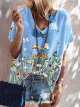 Floral Print Short-sleeved Loose V-neck Top - T-shirts - INS | Online Fashion Free Shipping Clothing, Dresses, Tops, Shoes - 10-20 - 26/07/2021 - color-blue