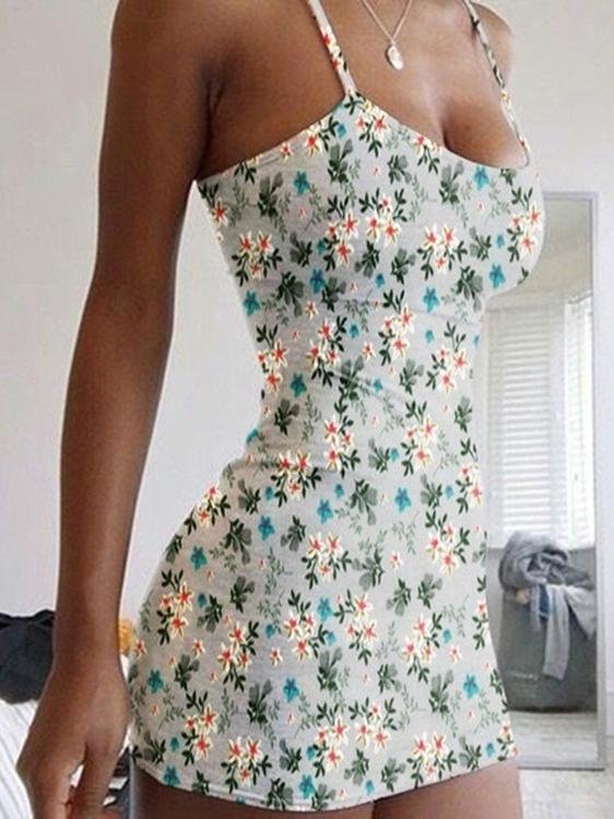 Floral Print Sleeveless Bodycon Dress - Mini Dresses - INS | Online Fashion Free Shipping Clothing, Dresses, Tops, Shoes - 10-20 - 24/06/2021 - color-apricot