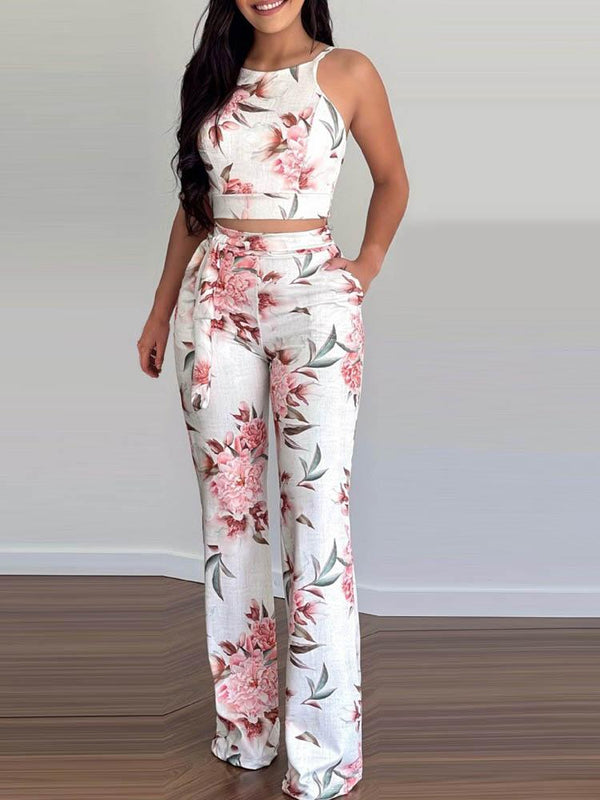 Floral Print Sleeveless Top & Pants Set - Two-piece Outfits - INS | Online Fashion Free Shipping Clothing, Dresses, Tops, Shoes - 04/05/2021 - Color_White - SET210504062