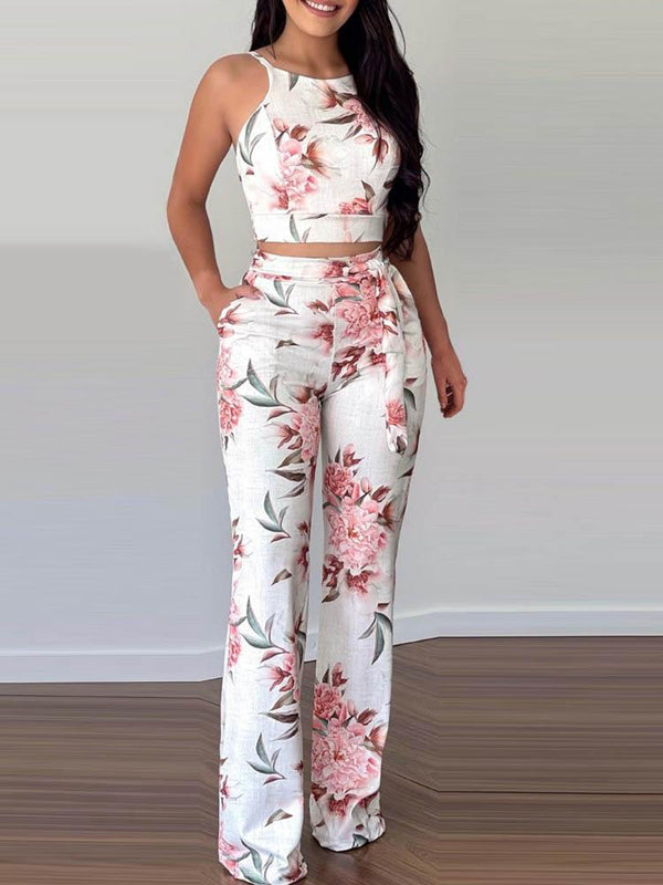 Floral Print Sleeveless Top & Pants Set - Two-piece Outfits - INS | Online Fashion Free Shipping Clothing, Dresses, Tops, Shoes - 04/05/2021 - Color_White - SET210504062