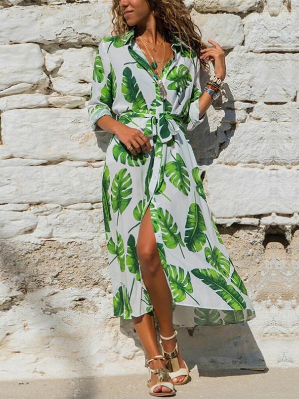 Floral Print Split Ankle Length Shirt Dress - Maxi Dresses - INS | Online Fashion Free Shipping Clothing, Dresses, Tops, Shoes - 04/13/2021 - Colour_Gold，Size_S - Colour_White