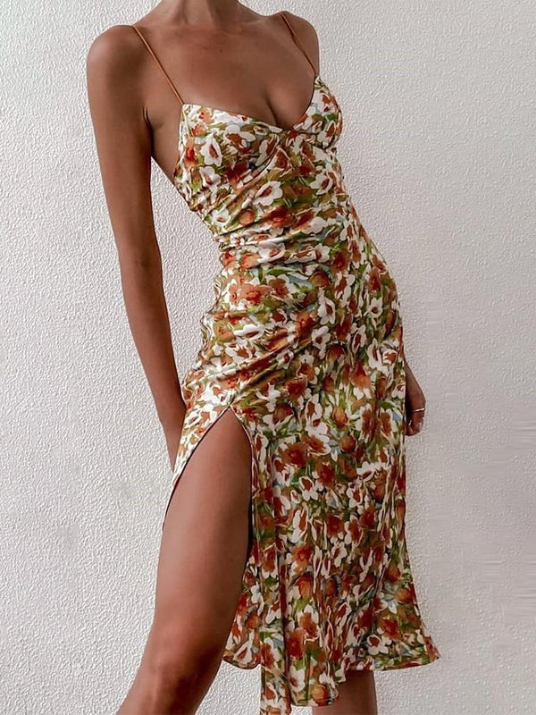 Floral Print Strap Slit Midi Dress - Midi Dresses - INS | Online Fashion Free Shipping Clothing, Dresses, Tops, Shoes - 28/04/2021 - Category_Midi Dresses - Color_Multicolor