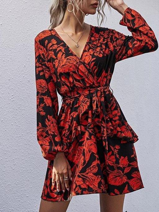 Floral Print Surplice Neck Ruffle Hem Belted Dress - Dresses - INS | Online Fashion Free Shipping Clothing, Dresses, Tops, Shoes - 01/26/2021 - Beach - Color_Red