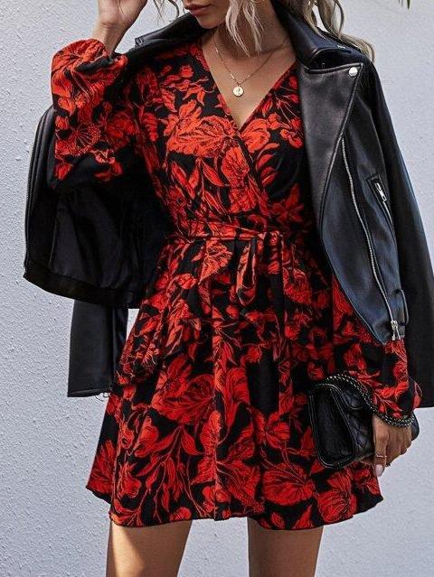 Floral Print Surplice Neck Ruffle Hem Belted Dress - Dresses - INS | Online Fashion Free Shipping Clothing, Dresses, Tops, Shoes - 01/26/2021 - Beach - Color_Red