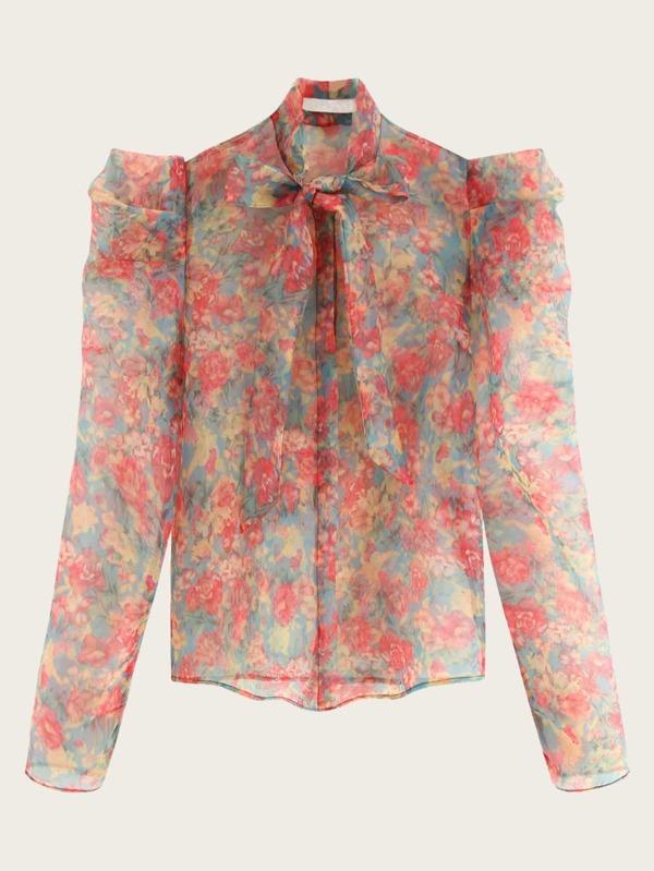 Floral Print Tie Neck Organza Blouse - INS | Online Fashion Free Shipping Clothing, Dresses, Tops, Shoes