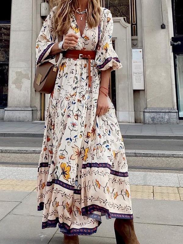 Floral Print V-neck 3/4 Sleeve Bohemian Dress - Maxi Dresses - INS | Online Fashion Free Shipping Clothing, Dresses, Tops, Shoes - 16/06/2021 - 30-40 - Category_Maxi Dresses