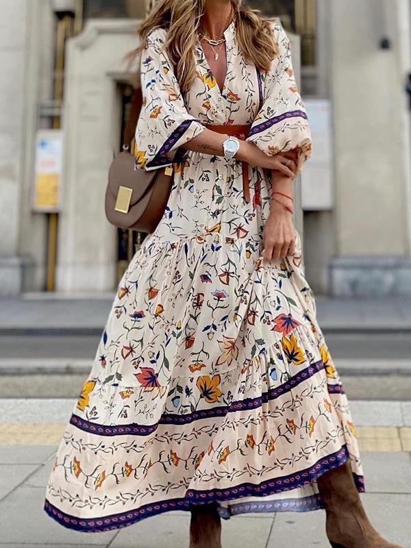 Floral Print V-neck 3/4 Sleeve Bohemian Dress - Maxi Dresses - INS | Online Fashion Free Shipping Clothing, Dresses, Tops, Shoes - 16/06/2021 - 30-40 - Category_Maxi Dresses