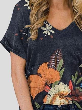 Floral Print V-neck Casual Top - T-shirts - INS | Online Fashion Free Shipping Clothing, Dresses, Tops, Shoes - 10-20 - 28/06/2021 - color-brown