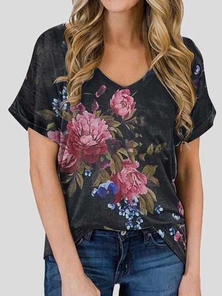 Floral Print V-neck Casual Top - T-shirts - INS | Online Fashion Free Shipping Clothing, Dresses, Tops, Shoes - 10-20 - 28/06/2021 - color-brown