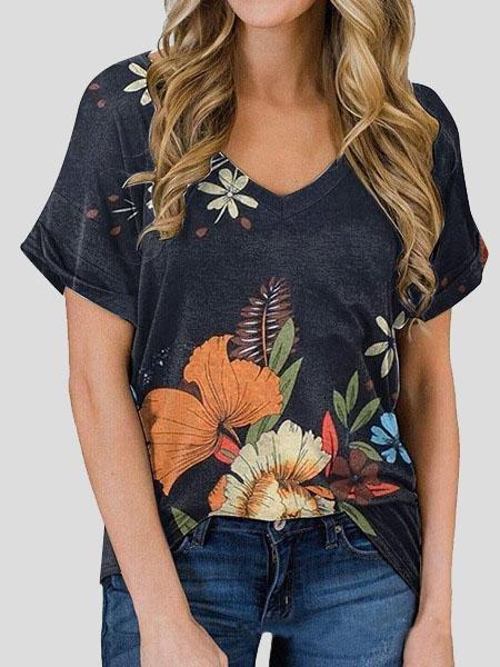 Floral Print V-neck Casual Top - T-shirts - INS | Online Fashion Free Shipping Clothing, Dresses, Tops, Shoes - 10-20 - 28/06/2021 - color-brown