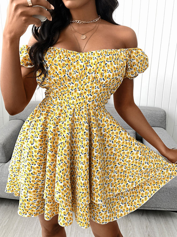 Floral Print V-Neck Ruffle Hem Dress - Mini Dresses - INS | Online Fashion Free Shipping Clothing, Dresses, Tops, Shoes - 30/04/2021 - Category_Mini Dresses - Color_Yellow