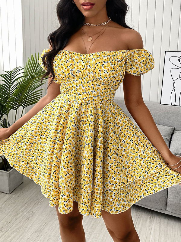 Floral Print V-Neck Ruffle Hem Dress - Mini Dresses - INS | Online Fashion Free Shipping Clothing, Dresses, Tops, Shoes - 30/04/2021 - Category_Mini Dresses - Color_Yellow