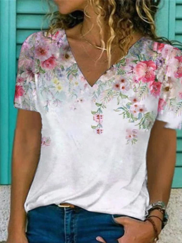 Floral Print V-neck Short-sleeved Top - T-shirts - INS | Online Fashion Free Shipping Clothing, Dresses, Tops, Shoes - 10-20 - 21/06/2021 - color-green