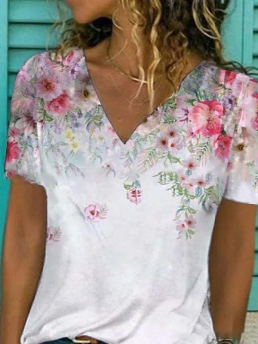 Floral Print V-neck Short-sleeved Top - T-shirts - INS | Online Fashion Free Shipping Clothing, Dresses, Tops, Shoes - 10-20 - 21/06/2021 - color-green