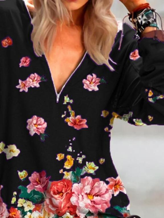 Floral Print Zipper V-neck Long Sleeve Blouse - Blouses - INS | Online Fashion Free Shipping Clothing, Dresses, Tops, Shoes - 24/05/2021 - BLO210524289 - Category_Blouses