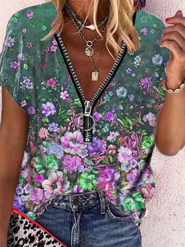 Floral Print Zipper V-neck Short Sleeve T-shirt - T-Shirts - INS | Online Fashion Free Shipping Clothing, Dresses, Tops, Shoes - 08/06/2021 - Category_T-Shirts - Color_Green