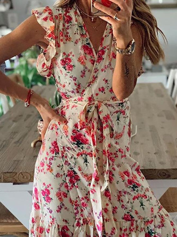 Floral Printed Bandage Maxi Dress - Maxi Dresses - INS | Online Fashion Free Shipping Clothing, Dresses, Tops, Shoes - 15/06/2021 - Color_Blue - Color_Red