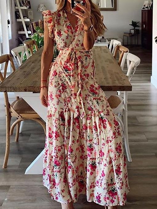 Floral Printed Bandage Maxi Dress - Maxi Dresses - INS | Online Fashion Free Shipping Clothing, Dresses, Tops, Shoes - 15/06/2021 - Color_Blue - Color_Red