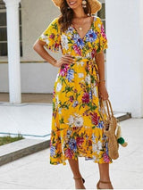 Floral Printed Belted Surplice Dress - Midi Dresses - INS | Online Fashion Free Shipping Clothing, Dresses, Tops, Shoes - 02/08/2021 - Beach - Daily