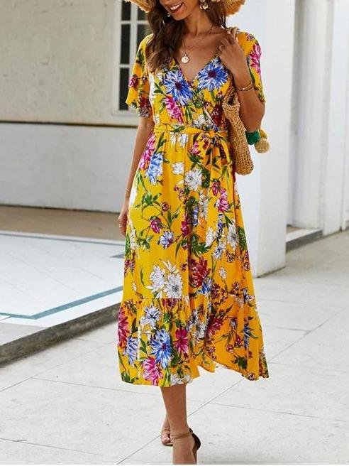 Floral Printed Belted Surplice Dress - Midi Dresses - INS | Online Fashion Free Shipping Clothing, Dresses, Tops, Shoes - 02/08/2021 - Beach - Daily