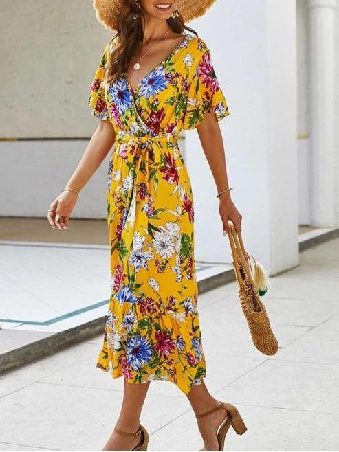 Floral Printed Belted Surplice Dress - Midi Dresses - INS | Online Fashion Free Shipping Clothing, Dresses, Tops, Shoes - 02/08/2021 - Beach - Daily