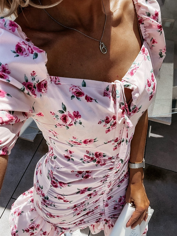 Floral Printed Short Puff Sleeve Dress - Mini Dresses - INS | Online Fashion Free Shipping Clothing, Dresses, Tops, Shoes - 15/06/2021 - Color_Blue - Color_White