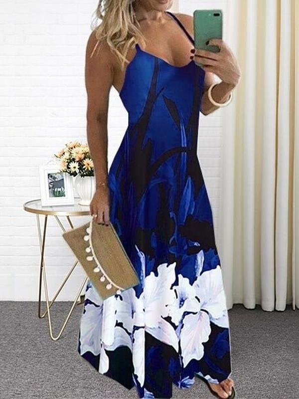 Floral Printed Sling Scoop Neck A-line Maxi Dress - Maxi Dresses - INS | Online Fashion Free Shipping Clothing, Dresses, Tops, Shoes - 20/05/2021 - Color_Dark Blue - DRE2105201029
