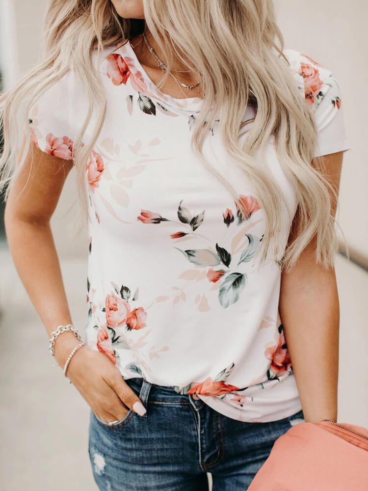 Floral Printed Stretchless Short Sleeve T-Shirt - T-Shirts - INS | Online Fashion Free Shipping Clothing, Dresses, Tops, Shoes - 13/04/2021 - Casual - Color_White