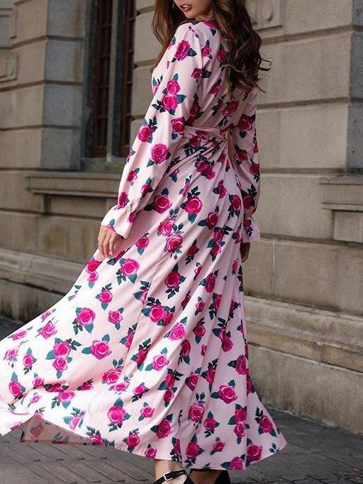 Floral Printed V Neck Long Sleeve Split Hem Maxi Dress - Maxi Dresses - INS | Online Fashion Free Shipping Clothing, Dresses, Tops, Shoes - 20/05/2021 - Color_Pink - DRE2105201028