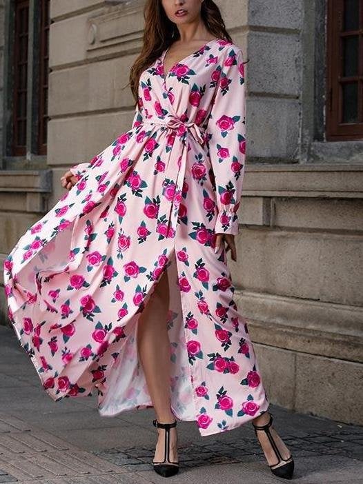 Floral Printed V Neck Long Sleeve Split Hem Maxi Dress - Maxi Dresses - INS | Online Fashion Free Shipping Clothing, Dresses, Tops, Shoes - 20/05/2021 - Color_Pink - DRE2105201028