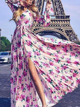 Floral Printed V Neck Long Sleeve Split Hem Maxi Dress - Maxi Dresses - INS | Online Fashion Free Shipping Clothing, Dresses, Tops, Shoes - 20/05/2021 - Color_Pink - DRE2105201028