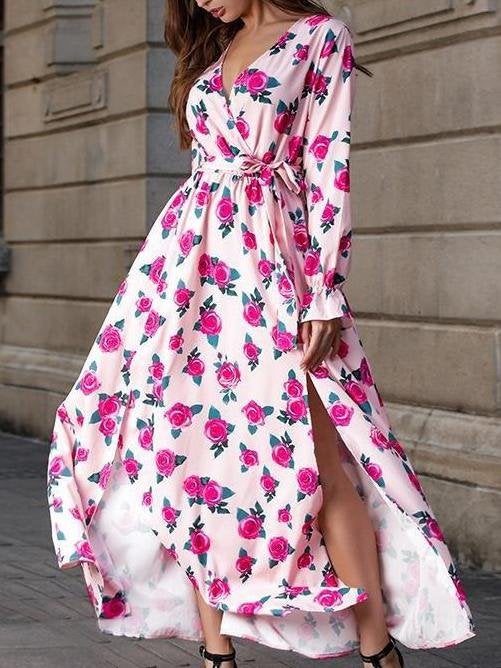 Floral Printed V Neck Long Sleeve Split Hem Maxi Dress - Maxi Dresses - INS | Online Fashion Free Shipping Clothing, Dresses, Tops, Shoes - 20/05/2021 - Color_Pink - DRE2105201028