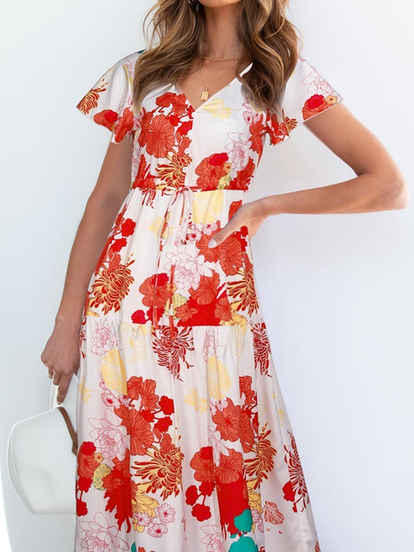 Floral Printed V Neck Short Sleeve Ruffle Hem Maxi Dress - Maxi Dresses - INS | Online Fashion Free Shipping Clothing, Dresses, Tops, Shoes - 20/05/2021 - Color_White and Chrysanthemum - DRE2105201031