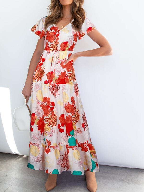 Floral Printed V Neck Short Sleeve Ruffle Hem Maxi Dress - Maxi Dresses - INS | Online Fashion Free Shipping Clothing, Dresses, Tops, Shoes - 20/05/2021 - Color_White and Chrysanthemum - DRE2105201031