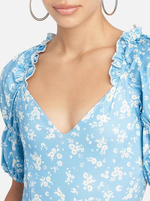 Floral Puff Sleeve Wrap Hem Plunge Neck Dress - Mini Dresses - INS | Online Fashion Free Shipping Clothing, Dresses, Tops, Shoes - 14/04/2021 - hide - Midi Dresses