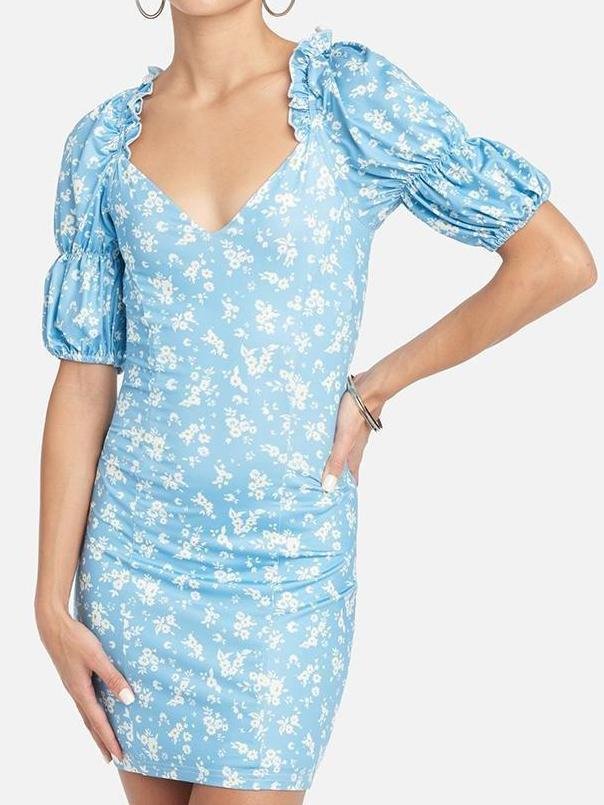 Floral Puff Sleeve Wrap Hem Plunge Neck Dress - Mini Dresses - INS | Online Fashion Free Shipping Clothing, Dresses, Tops, Shoes - 14/04/2021 - hide - Midi Dresses