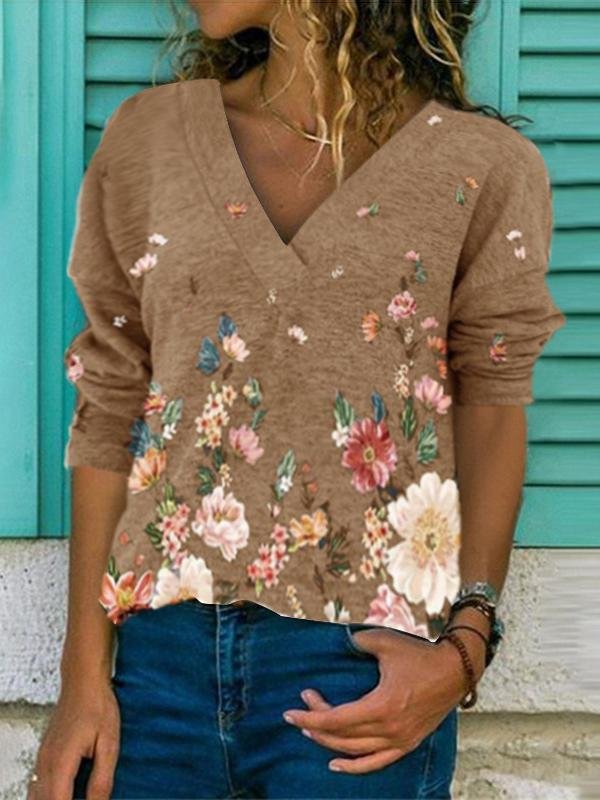 Floral Pullover Print Long Sleeve T-Shirt - T-Shirts - INS | Online Fashion Free Shipping Clothing, Dresses, Tops, Shoes - 13/04/2021 - Color_Brown - Color_Gray