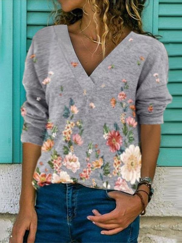 Floral Pullover Print Long Sleeve T-Shirt - T-Shirts - INS | Online Fashion Free Shipping Clothing, Dresses, Tops, Shoes - 13/04/2021 - Color_Brown - Color_Gray