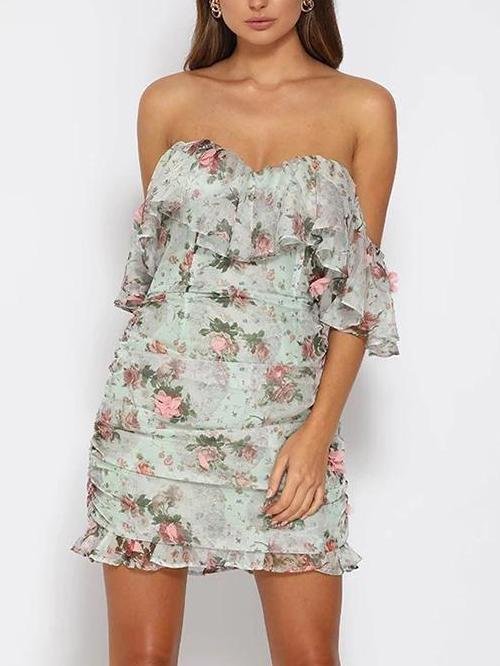 Floral Ruffle Off-Shoulder Bodycon Mini Dress - Mini Dresses - INS | Online Fashion Free Shipping Clothing, Dresses, Tops, Shoes - 13/04/2021 - Color_Green - Color_White