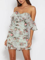Floral Ruffle Off-Shoulder Bodycon Mini Dress - Mini Dresses - INS | Online Fashion Free Shipping Clothing, Dresses, Tops, Shoes - 13/04/2021 - Color_Green - Color_White