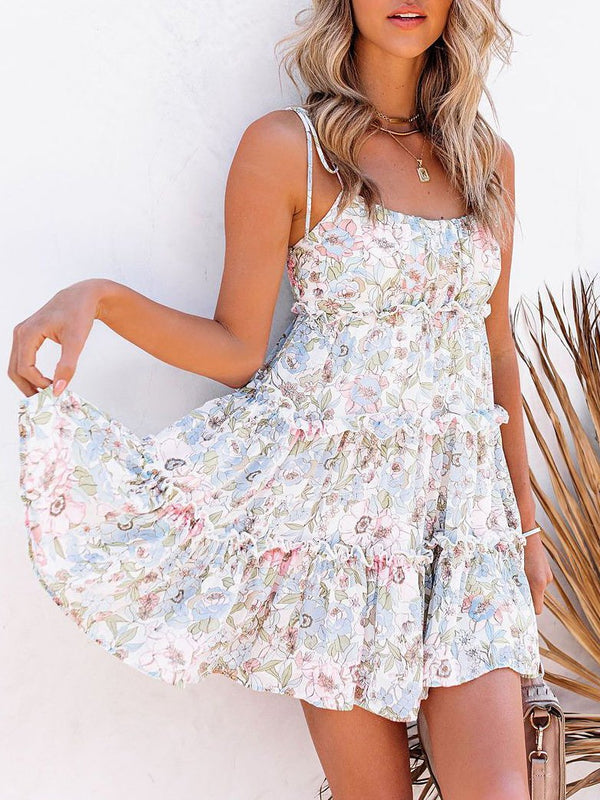 Floral Sling Sleeveless Beach Dress - Mini Dresses - INS | Online Fashion Free Shipping Clothing, Dresses, Tops, Shoes - 10/06/2021 - Color_White - DRE2106100277