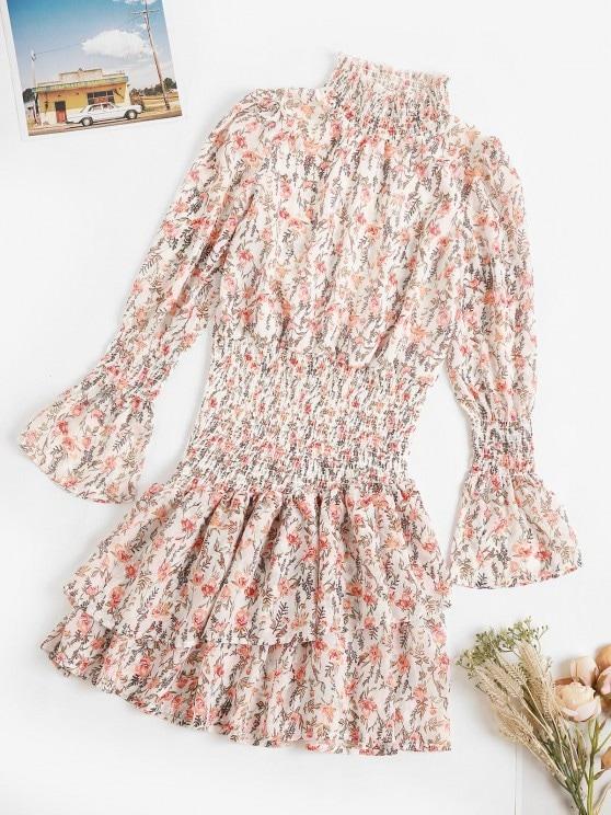 Floral Smocked Layered Hem Poet Sleeve Dress - Midi Dresses - INS | Online Fashion Free Shipping Clothing, Dresses, Tops, Shoes - 02/09/2021 - Casual - Color_White