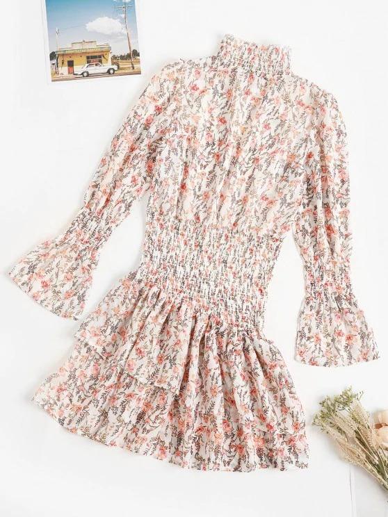 Floral Smocked Layered Hem Poet Sleeve Dress - Midi Dresses - INS | Online Fashion Free Shipping Clothing, Dresses, Tops, Shoes - 02/09/2021 - Casual - Color_White